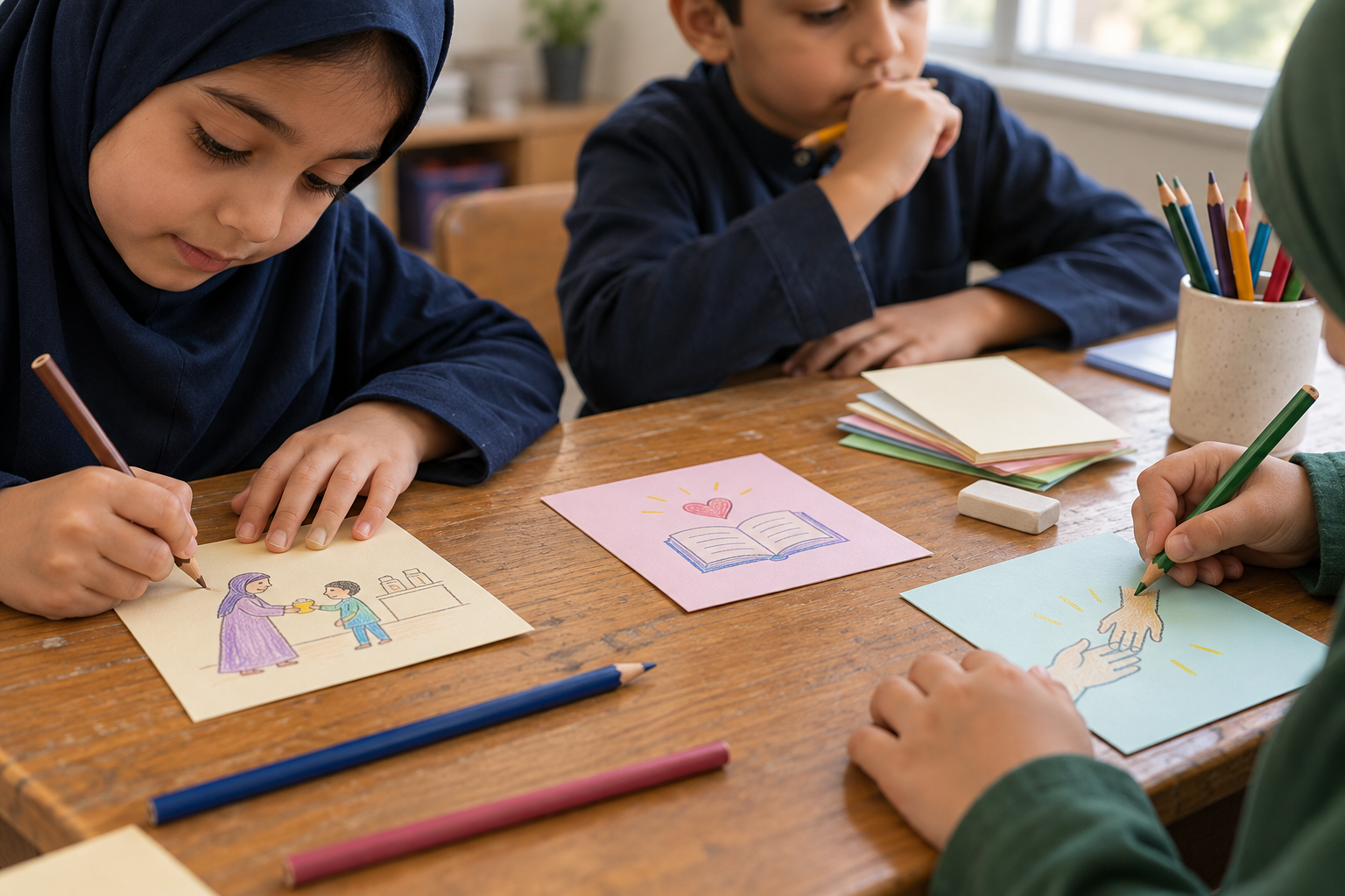 Children make small intention cards with drawings of helpful actions