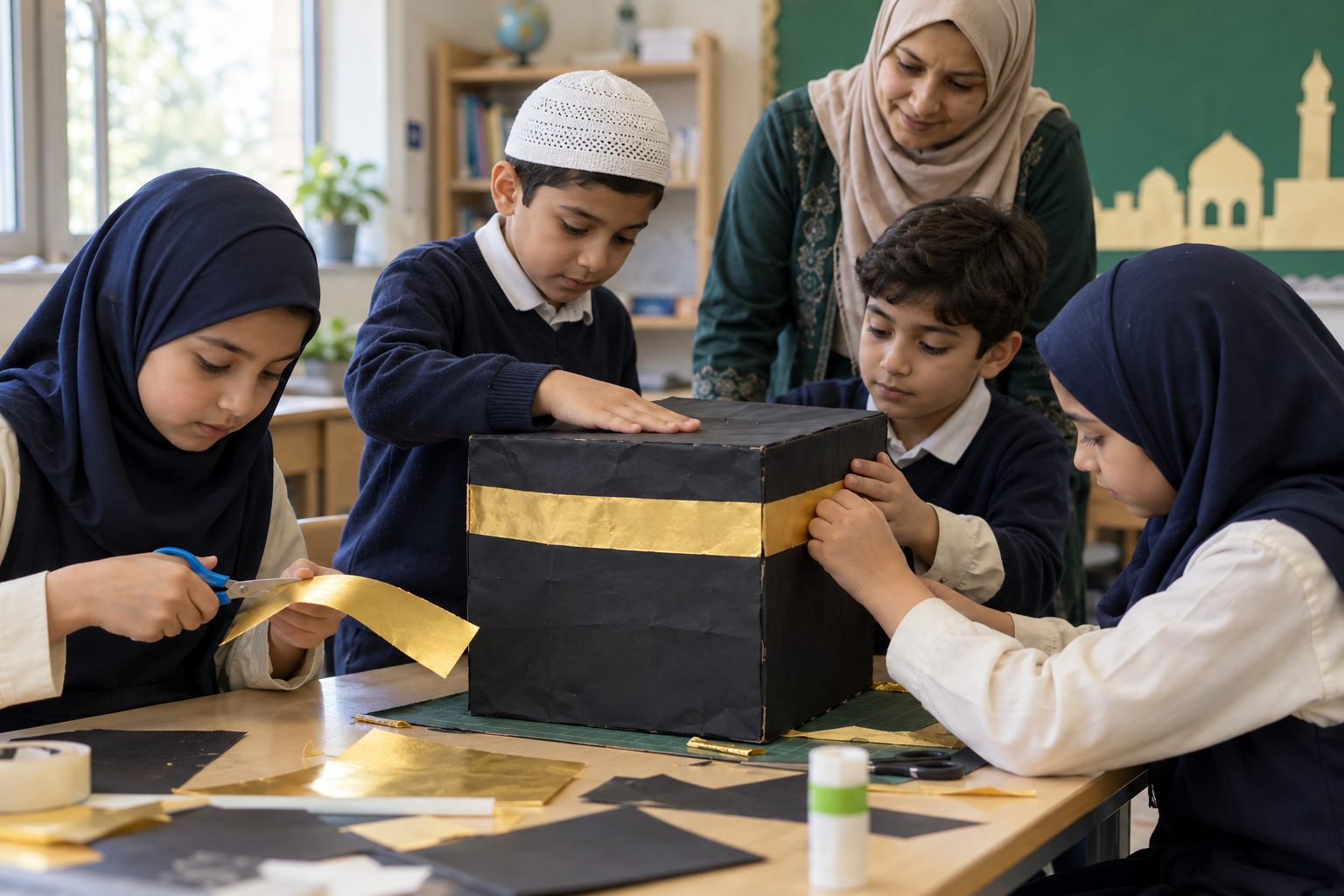 Children collaborate on a handmade cardboard Kaaba model using black and gold craft paper