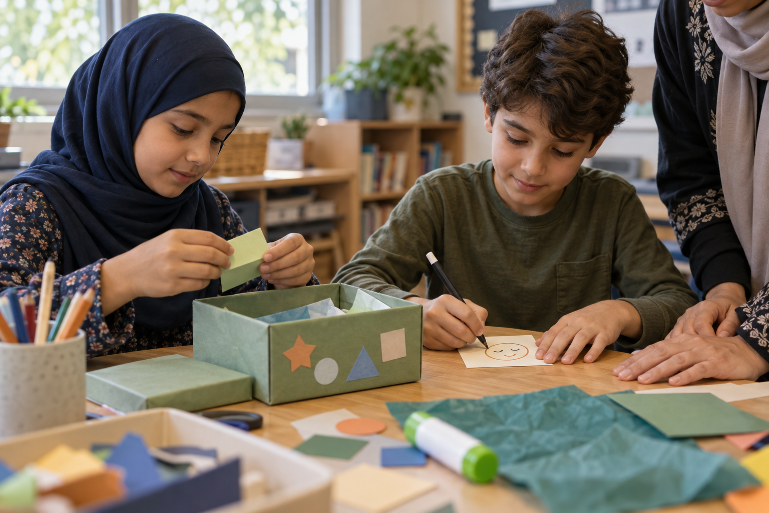 Children decorate a reflection box and prepare folded notes at a classroom table