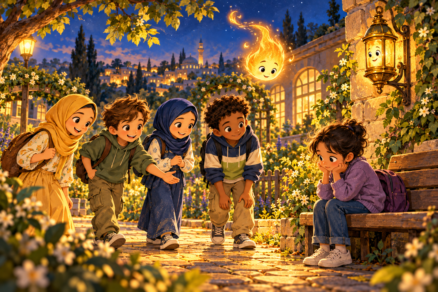 Four young friends in a storybook twilight town discover a friendly moving flame and a steady lantern