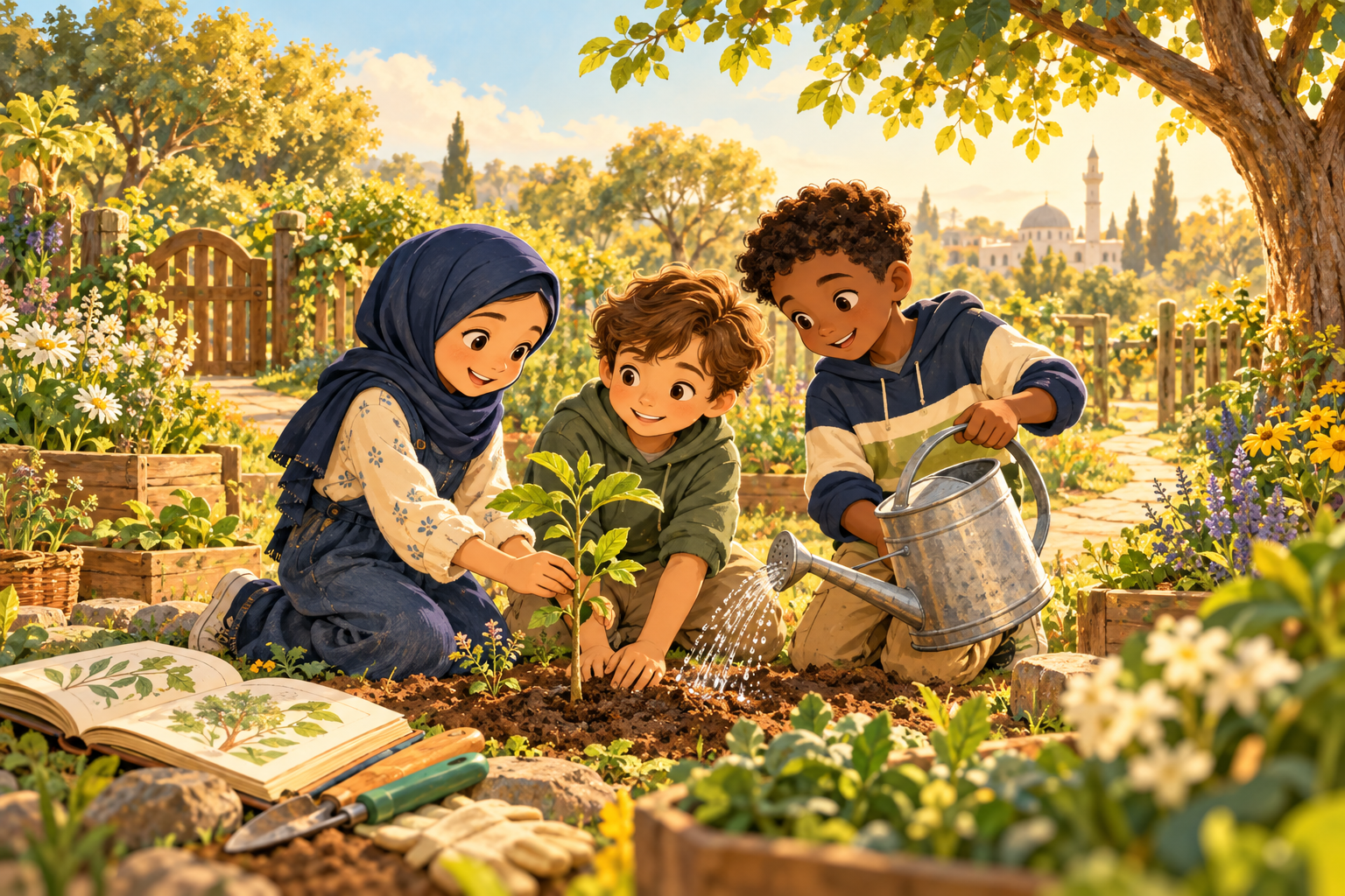Children planting and watering a sapling together in a sunlit community garden, in a warm painted storybook style